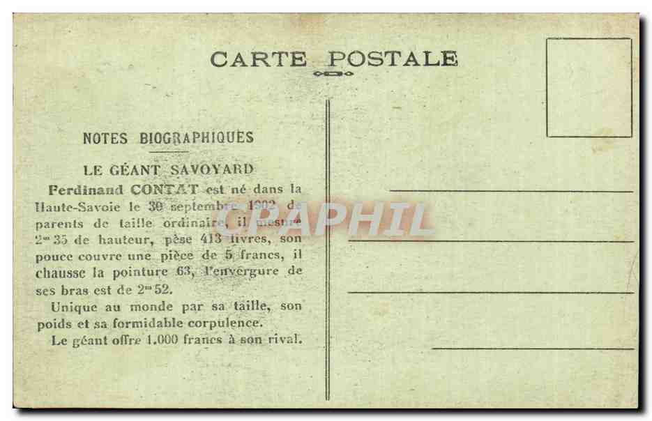 CPA Folklore Le geant Savoyard Ferdinand Cotat 2 m 35  — Rückseite