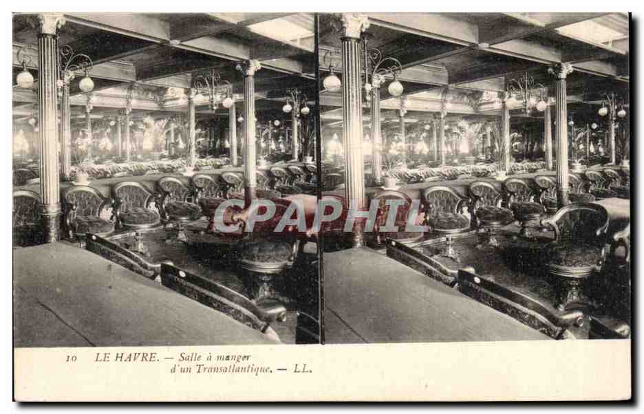 Le Havre - carrte Stereoscopique - salle a manger d'un Transatlantique - - CPA 