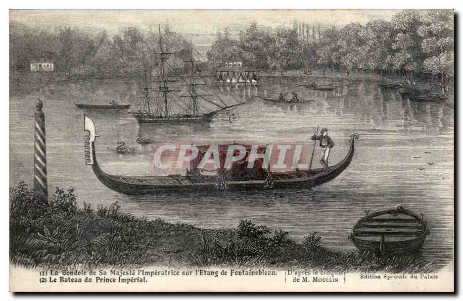 La Gondole de Sa Majesté l'Impératrice sur l'Etang de Fontainebleau — Le Bateau du Prince Impérial — D'après le croquis de M. Moullin — Édition Spéciale du Palais