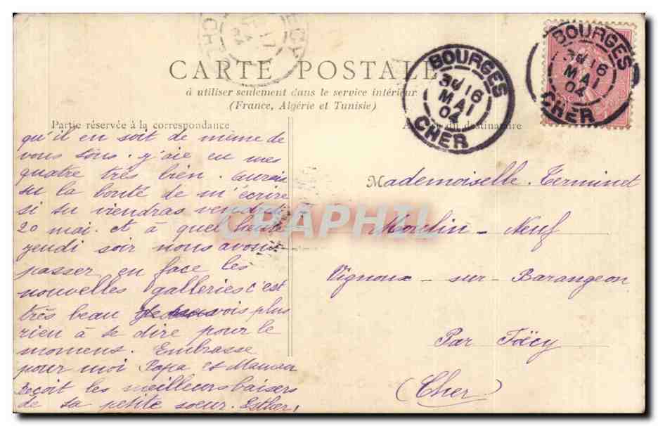 Bourges — Quartier Auger, 95ᵉ d'Infanterie — B. E. PARIS — Verso
