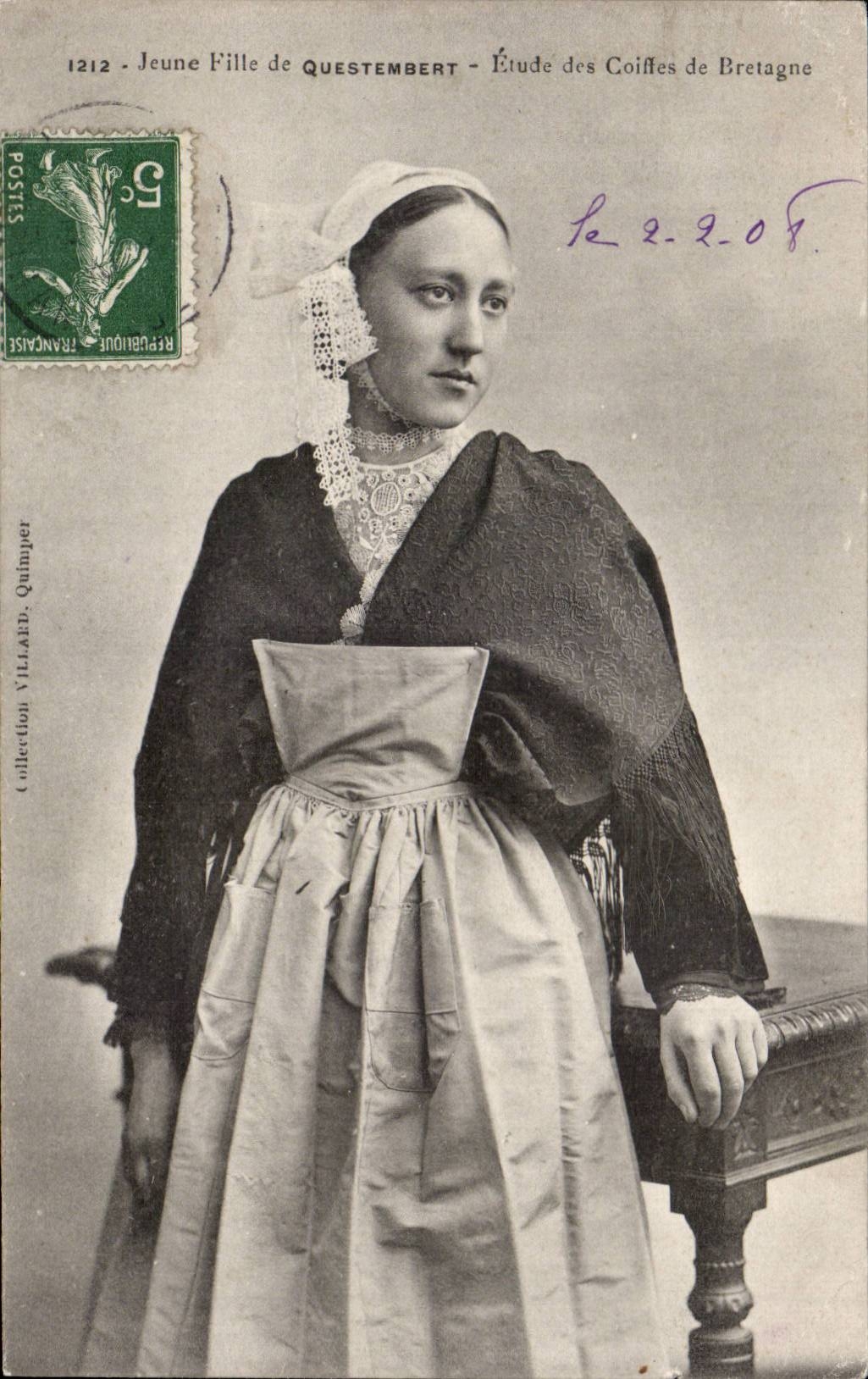 Folklore - Costumes - Jeune fille de Questembert - Etude des Coiffes de Bretagne - CPA 