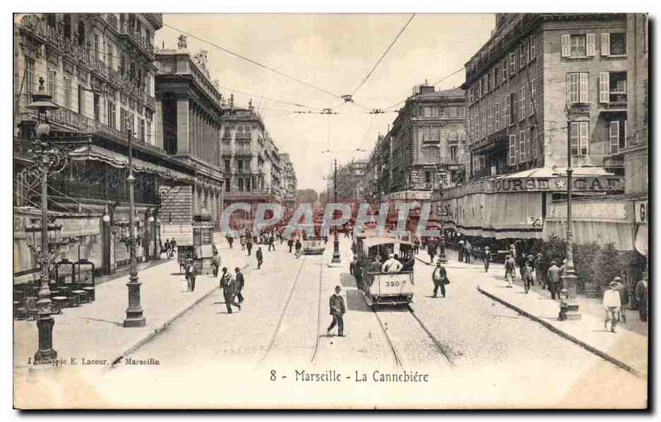 Marseille - La Cannebière — vue de la rue avec tramway — Phototypie E. Lacour, n°8