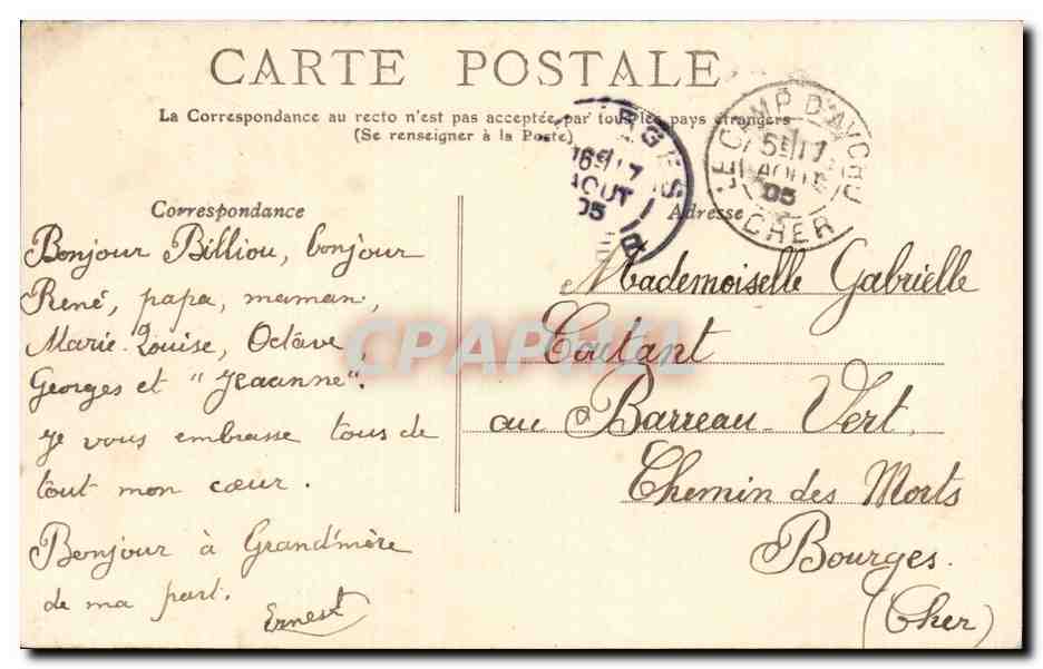 CPA Camp d'Avor Route laterale Militaria — Rückseite