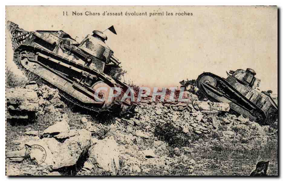 Chars d'assaut évoluant parmi les roches — Série 11 — Phototypie A Bordone, 16, rue de la Valfère, Montpellier