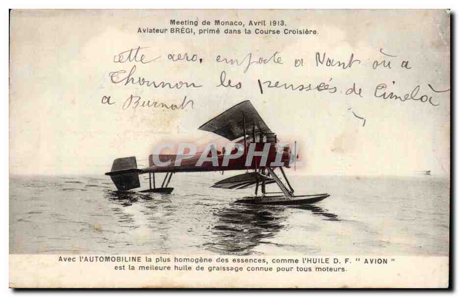 CPA Meeting de Monaco Avril 1913 Aviateur Bregi prime dans la course croisiere Hydravion 