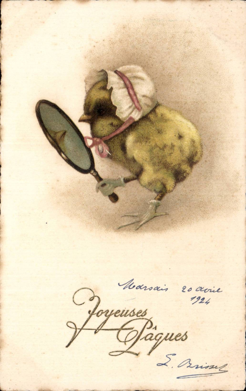 CPA Fantaisie Poussin et miroir Raquette 
