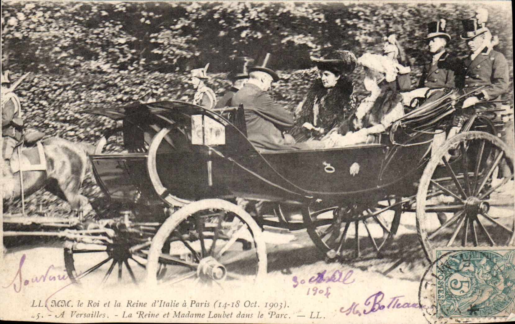 Le Roi et la Reine d'Italie à Paris (14-18 Oct. 1903) — Madame Loubet dans le Parc — LL. MC.M. — LL. Boiteaux