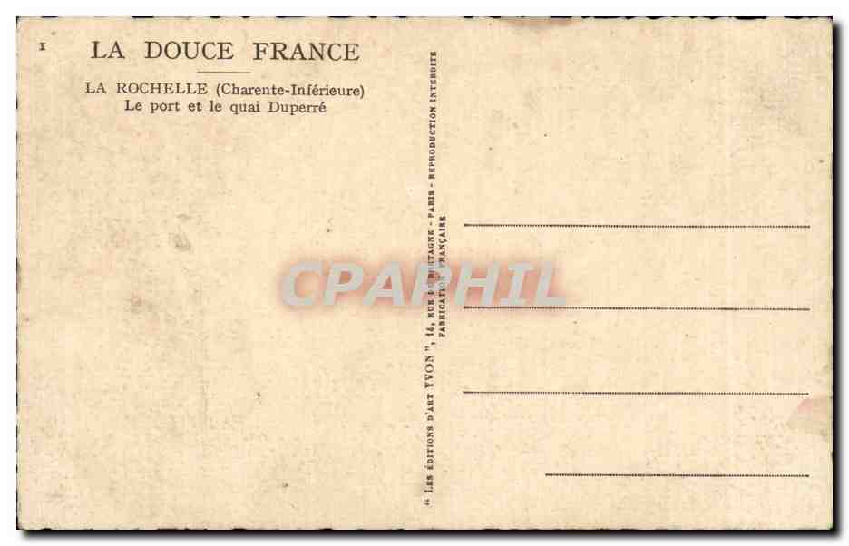 La Rochelle (Charente-Inférieure) — Le port et le quai Duperré — Les Éditions d'Art Yvon, Paris — Verso