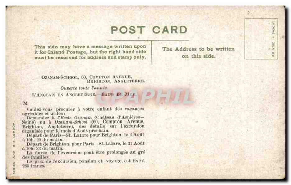 Kings Road, Brighton — Automobil Club et Old Ship Hotel — éditeur inconnu, série A-10 — Verso