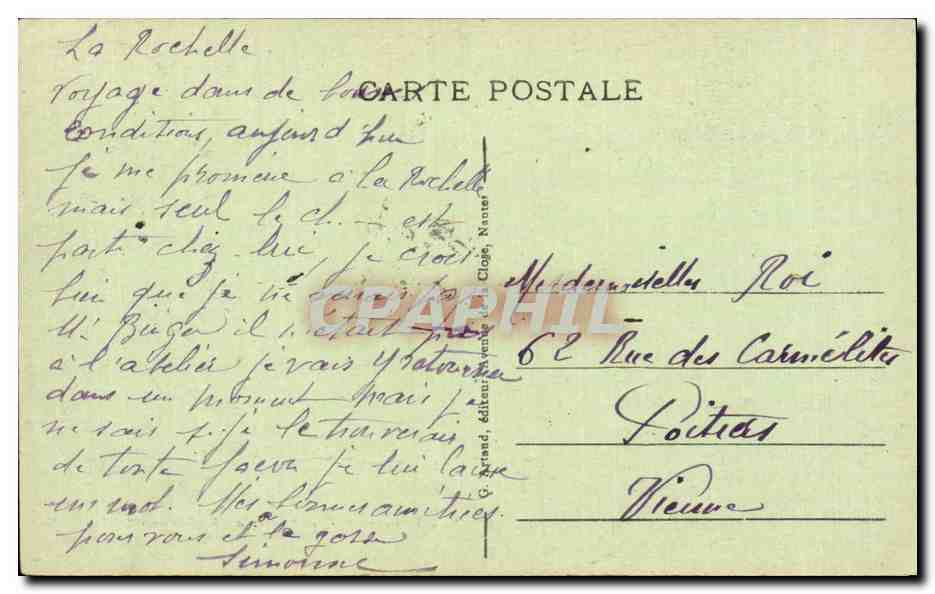 La Rochelle — Sortie du Port et Départ du bateau pour les Îles — éditeur CPAPHIL, n°74 — Verso