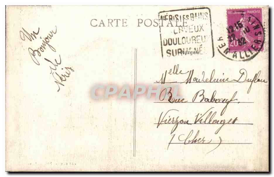 Nérîs-les-Bains (Allier) — La façade du Casino — Édit. Proussel, Nérîs-les-Bains — Verso