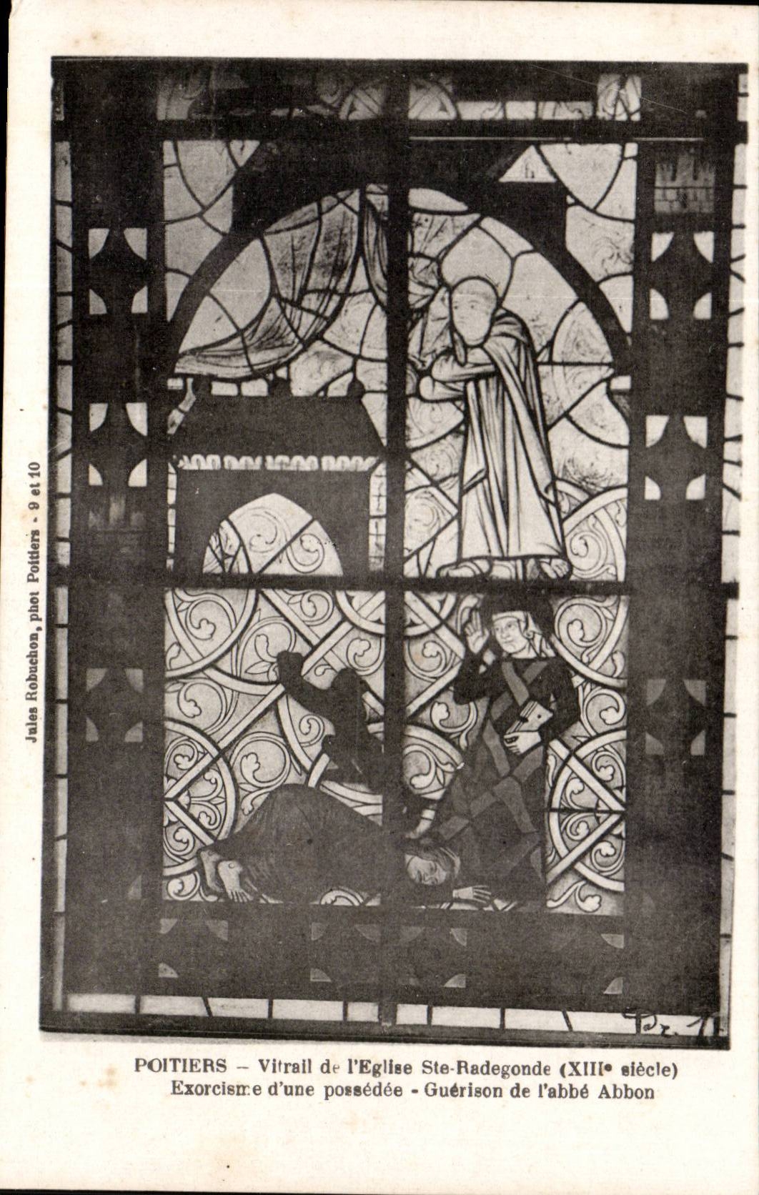 Poitiers — Vitrail de l'église Sainte-Radegonde (XIIIe siècle) — Exorcisme d'une possédée — Guérison de l'abbé Abbon — Jules Robuchon, phot. Poitiers