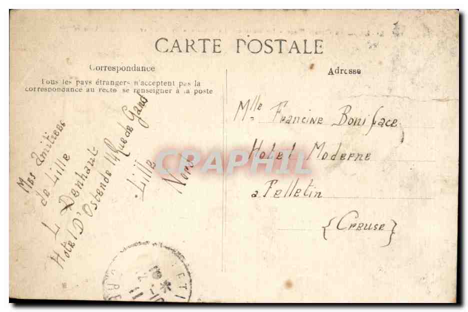 CPA Lille La grand place La Bourse La deesse le clocher de Saint Maurice — Rückseite