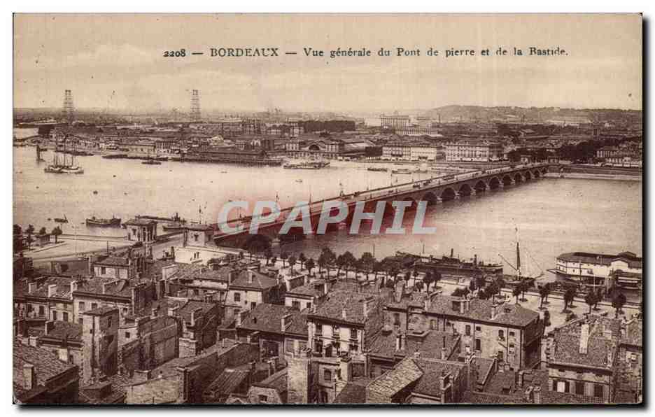 Bordeaux — Vue générale du Pont de pierre et de la Bastide — éditeur Sanz Rock, n° 2208