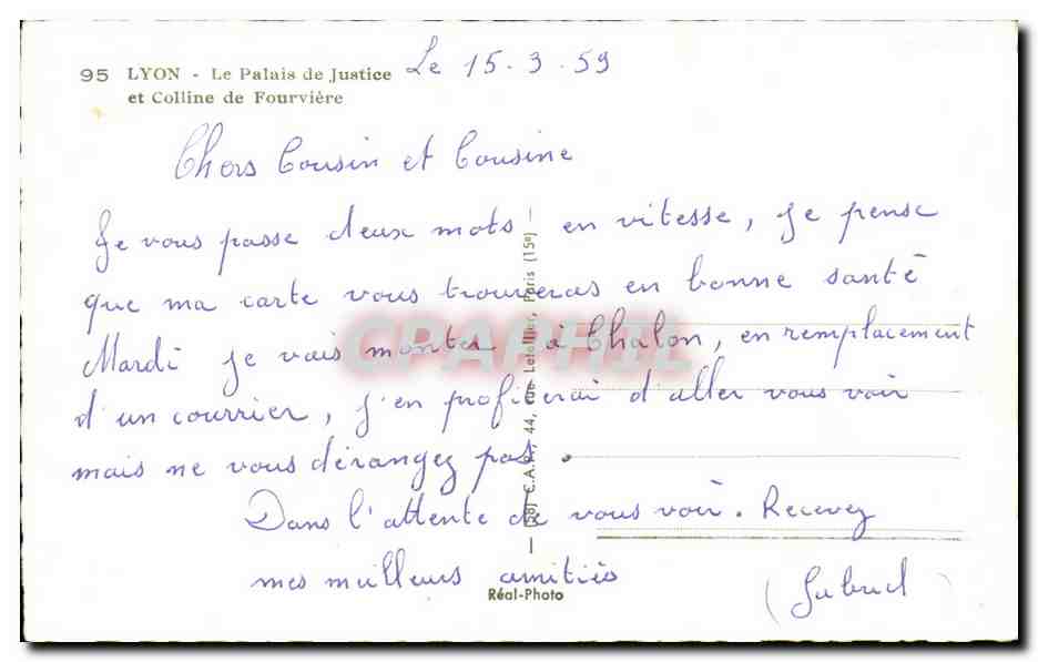 CPSM Lyon Le palais de justice et colline de Fourviere — Verso