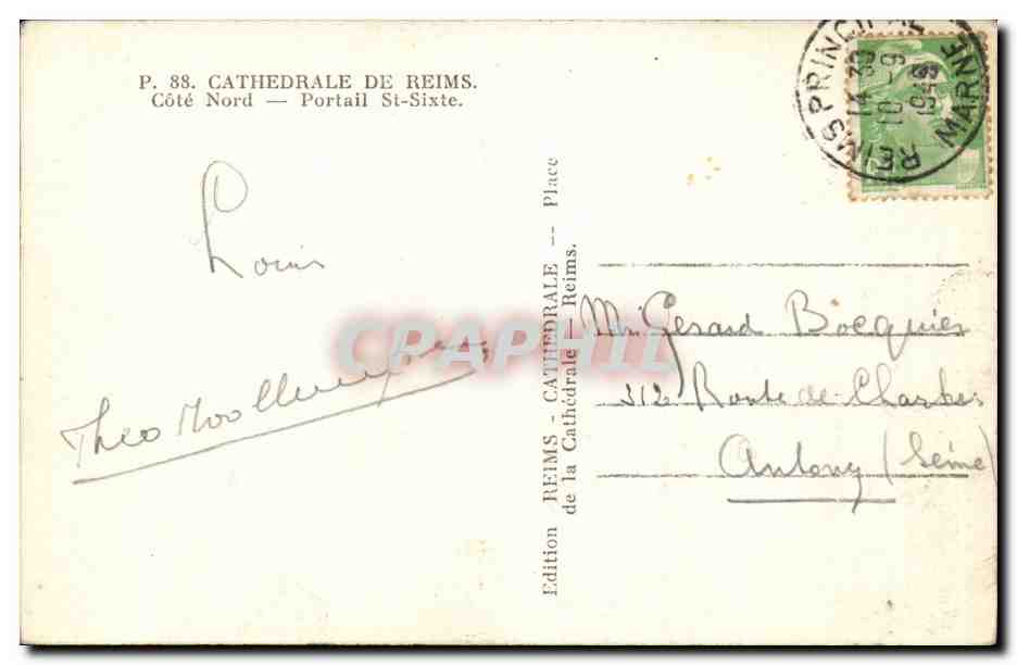 CPA Reims La cathedrale Cote Nord Portail St Sixte — Verso