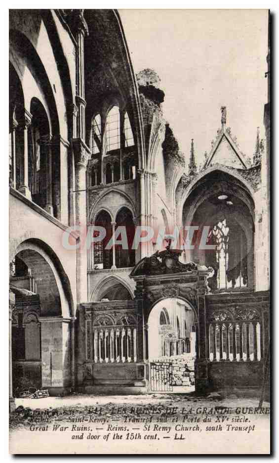 Ruinas de la Gran Guerra — Iglesia de Saint-Rémy, Reims — Tránsito sur y puerta del siglo XV