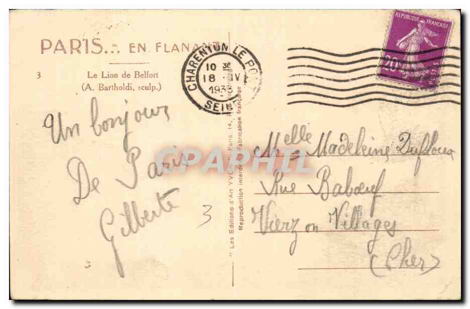 CPA Paris Le lion Bartholdi  — Rückseite