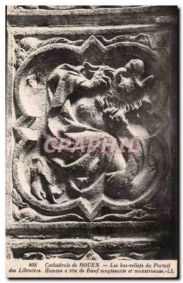 CPA Cathedrale de Rouen Les bas reliefs du portail des libraires Homme a tete de boeuf