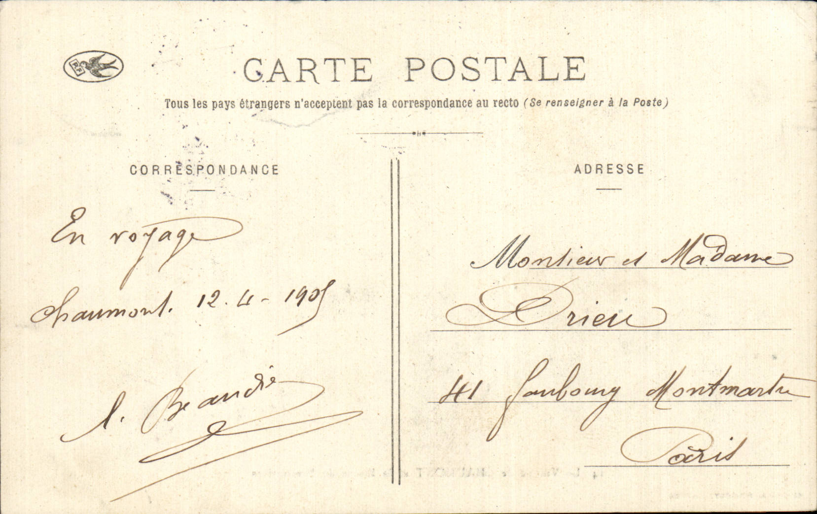 Le Viaduc de Chaumont et la Route de Semoutiers — Cliché A. Pourtoy, éditeur, n°14 — Verso
