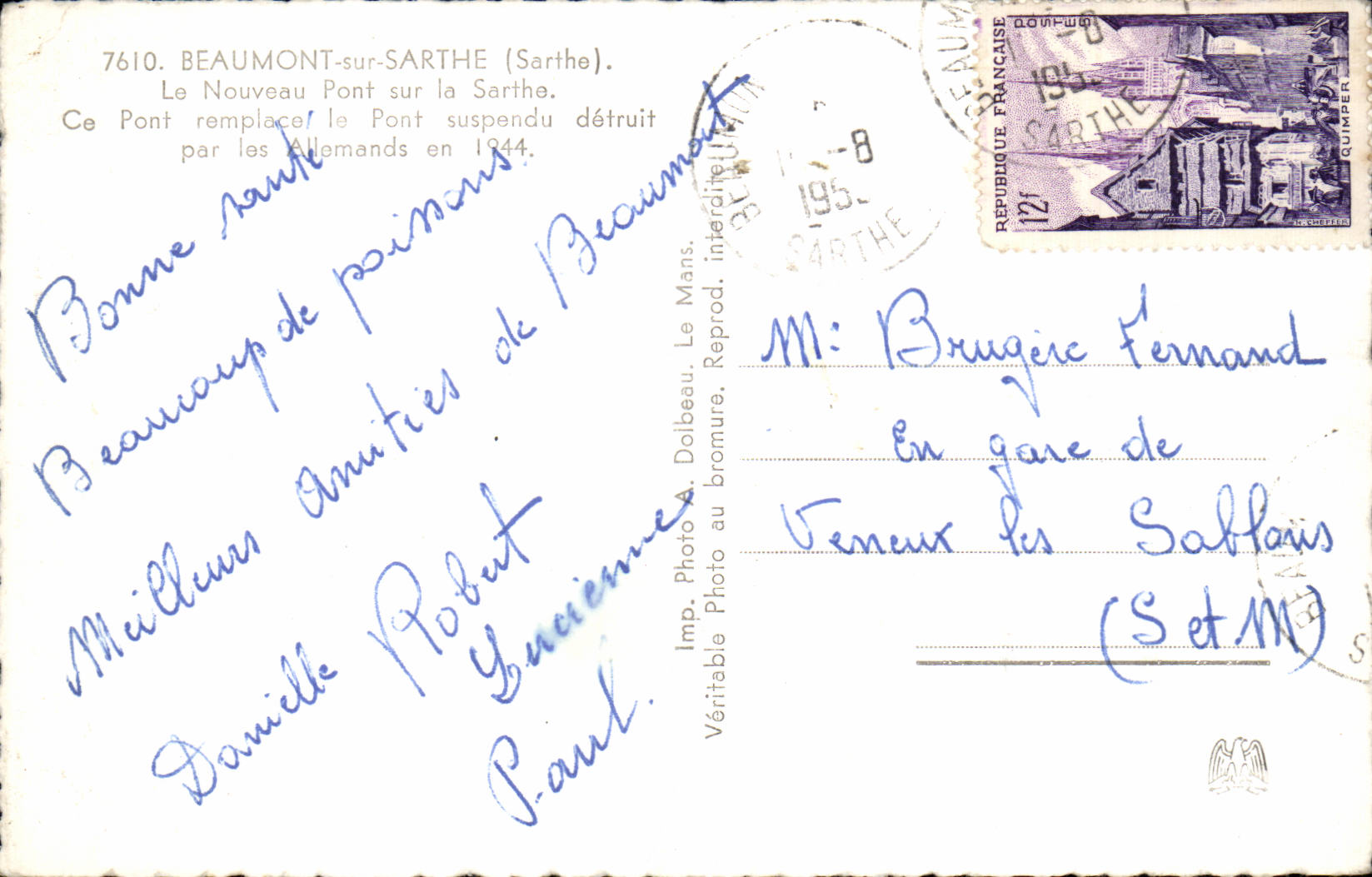 CPSM Beaumont sur Sarthe Le nouveau pont sur la Sarthe  — Rückseite