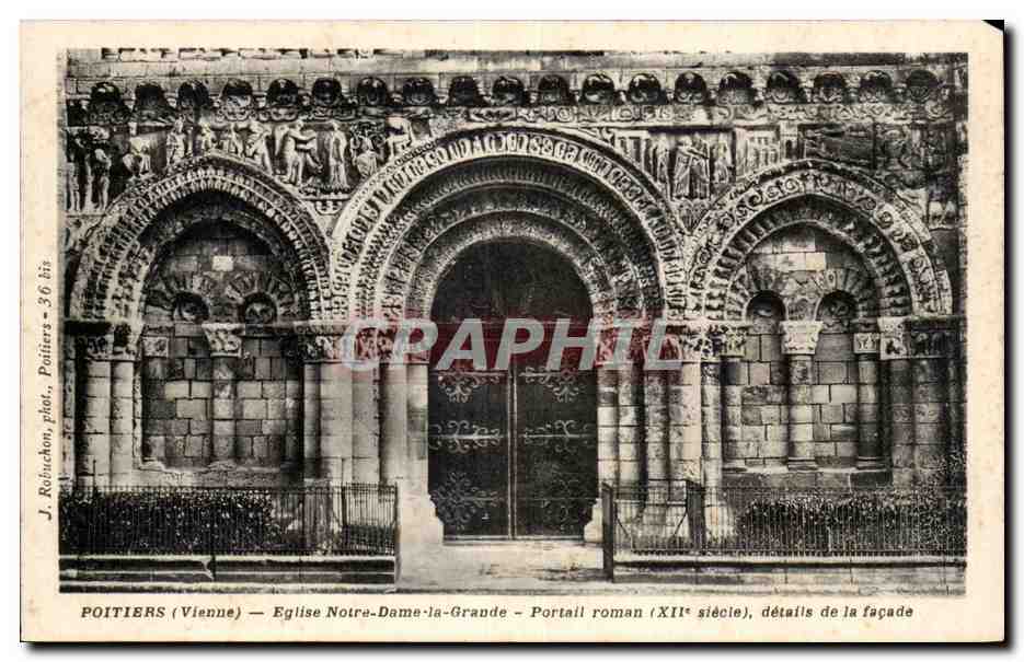 Poitiers (Vienne) — Église Notre-Dame-la-Grande — Portail roman (XIIe siècle), détails de la façade — J. Robuchon, phot. Poitiers - 36 bis