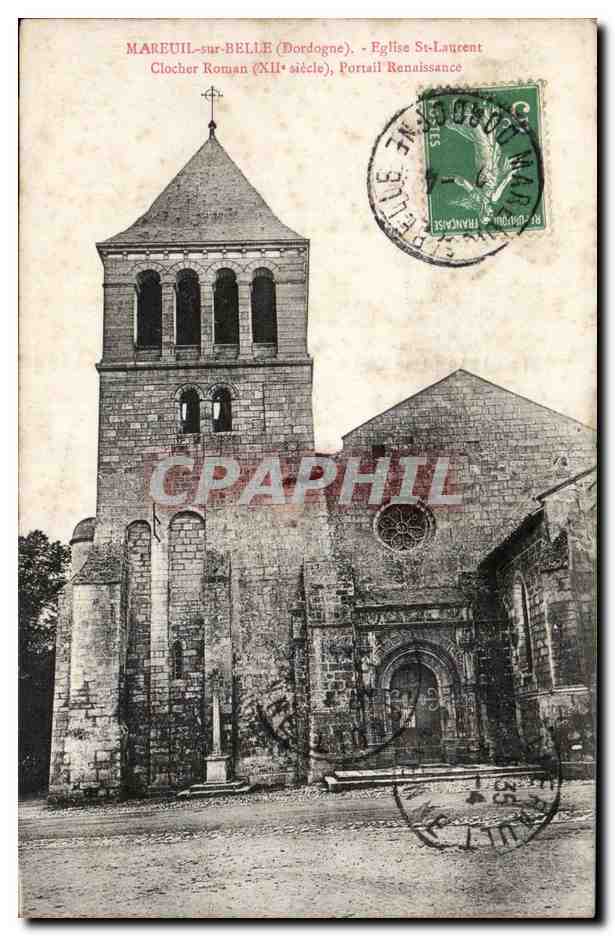 Mareuil-sur-Belle (Dordogne) — Église Saint-Laurent, clocher roman (XIIe siècle), portail Renaissance — Éditions photographiques J. Dalge, Montmorin