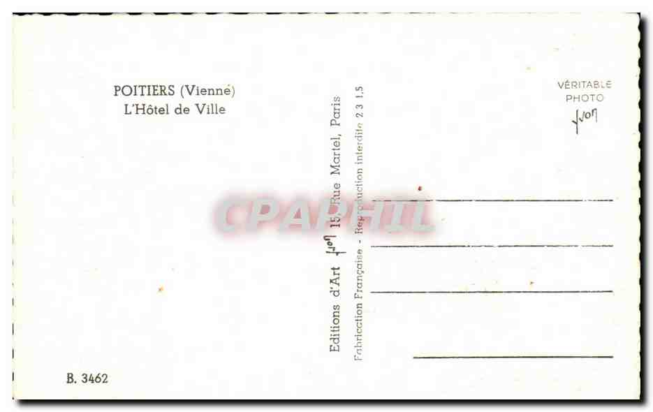 Poitiers (Vienne) — L'Hôtel de Ville — Éditions d'Art Française — Verso