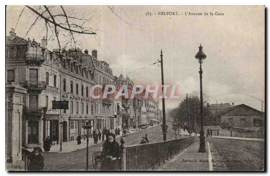 Belfort - L'Avenue de la Gare — Série 385, éditée par Mayes & Cie, Nancy