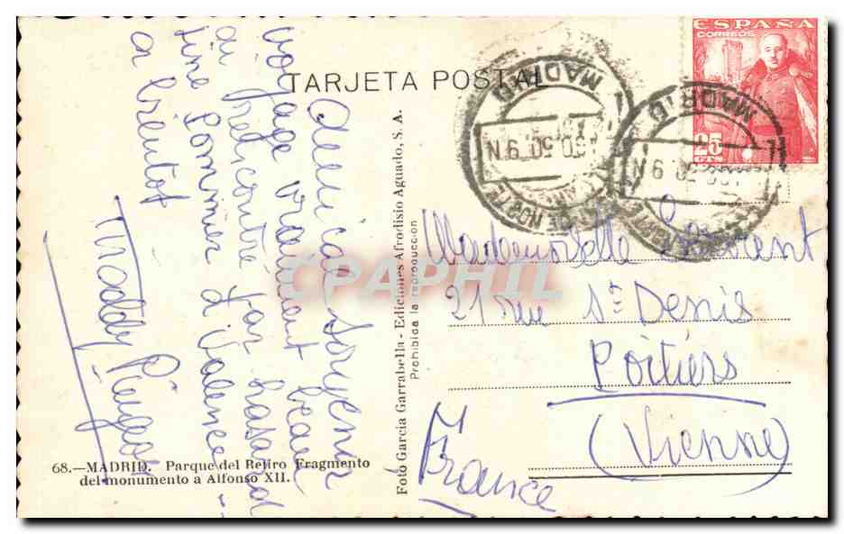 Madrid - Retiro Park - Fragment of the monument to Alfonso XII — Ediciones A. Agustín, n° 68 — Back