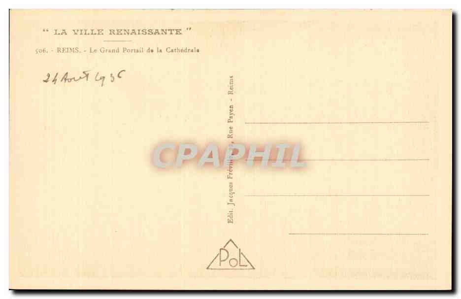 Reims - La Grand Portail de la Cathedral - CPA  — Verso