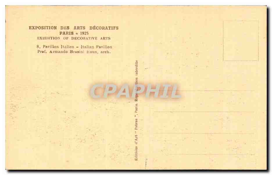CPA Paris Exposition internationale des arts decoratifs 1925 Pavillon italien  — Rückseite
