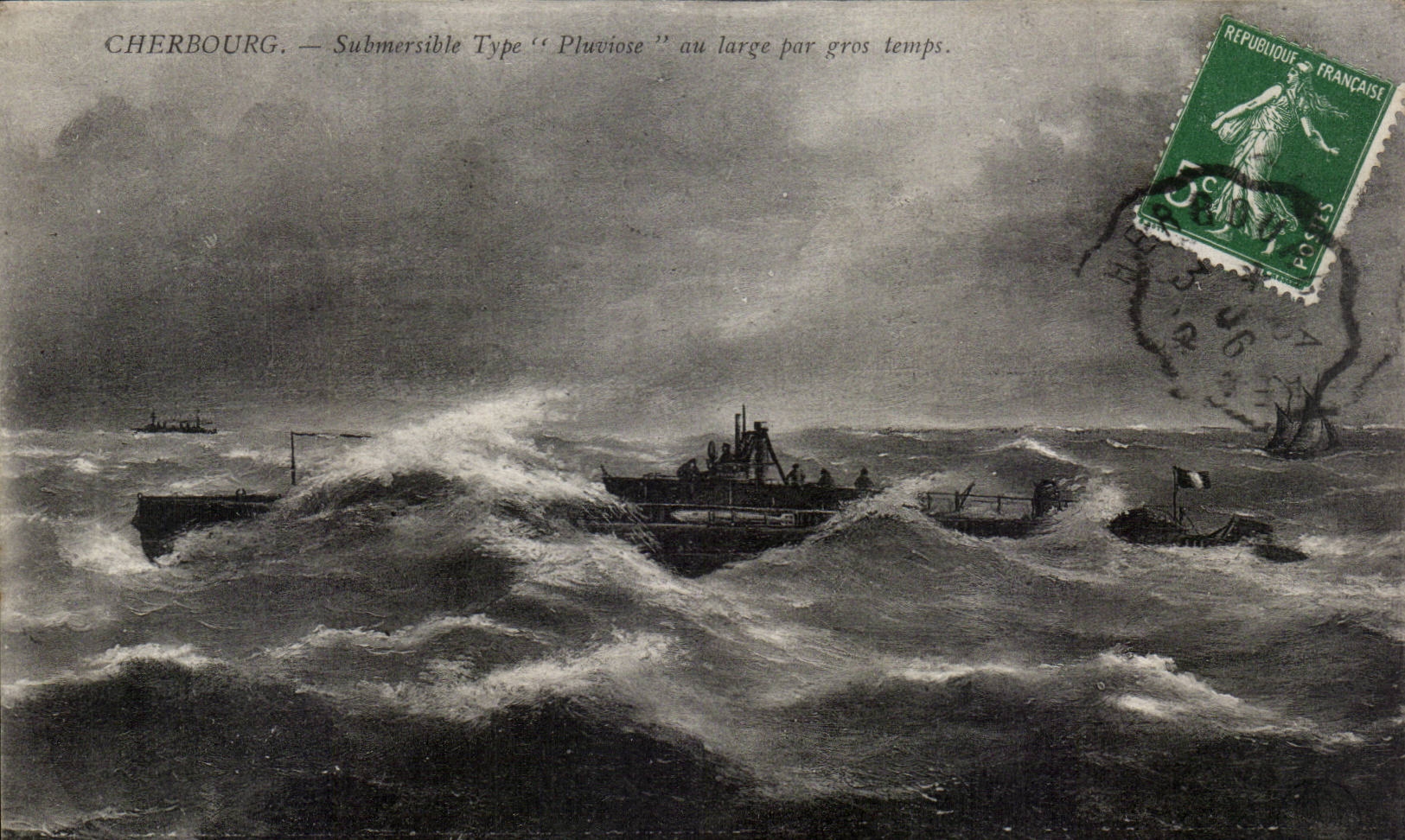 Cherbourg - Submersible Type Pluviose au large par gros temps - submarine - uboot - bateau Sousmarin - CPA 