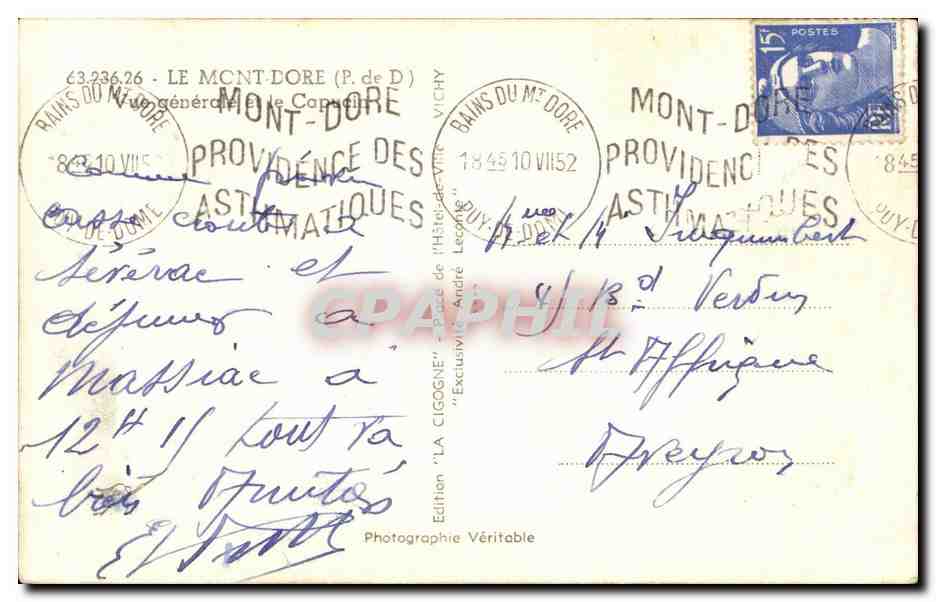 CPA Le Mont Dore Vue generale et le capucin — Verso