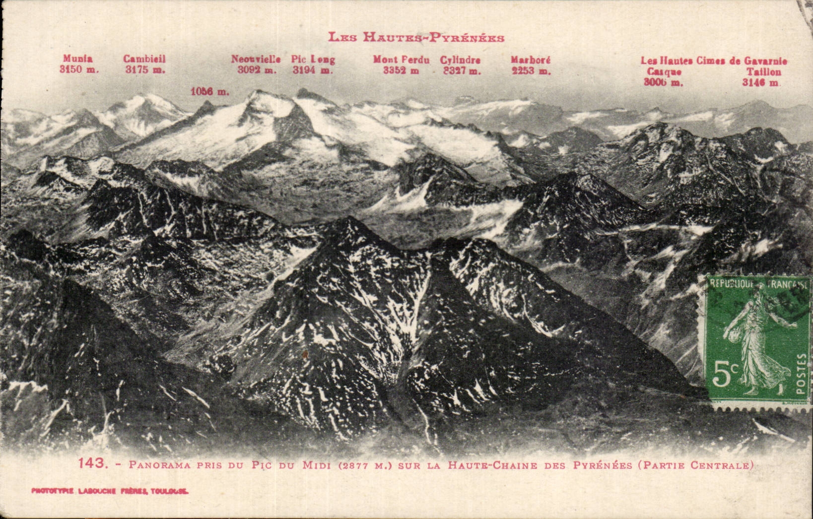 Les Hautes-Pyrénées — Panorama pris du Pic du Midi (2877 m.) sur la Haute-Chaîne des Pyrénées (Partie Centrale) — Phototype Labouche Frères, Toulouse