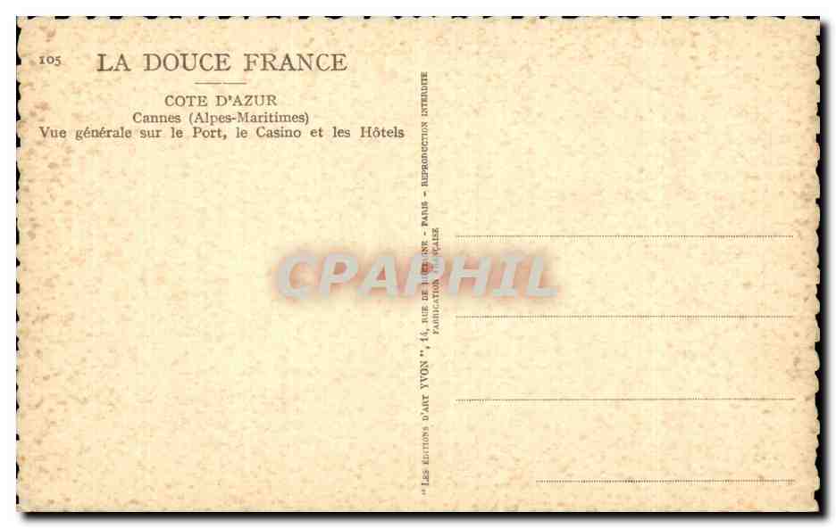 CPA Cannes Vue generale sur le port le casino et les hotels — Rückseite