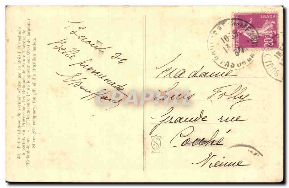 CPA Petite chasse de vermeil offerte par le Bresil Sainte Therese de l enfant Jesus  — Rückseite