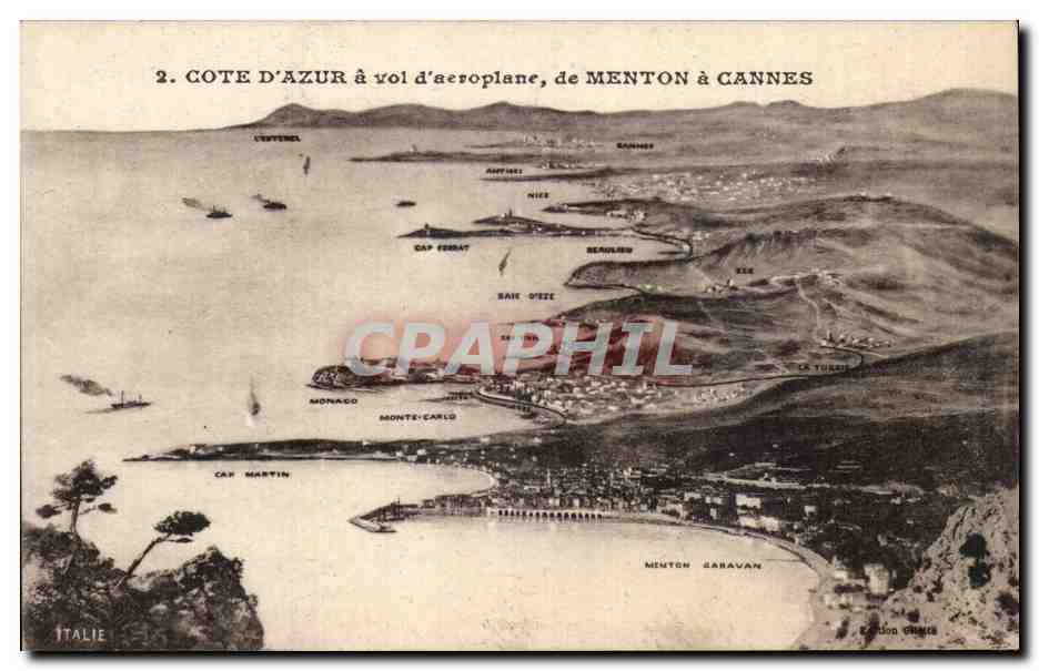 CPA Cote d azur a vol d aeroplane de Menton a Cannes
