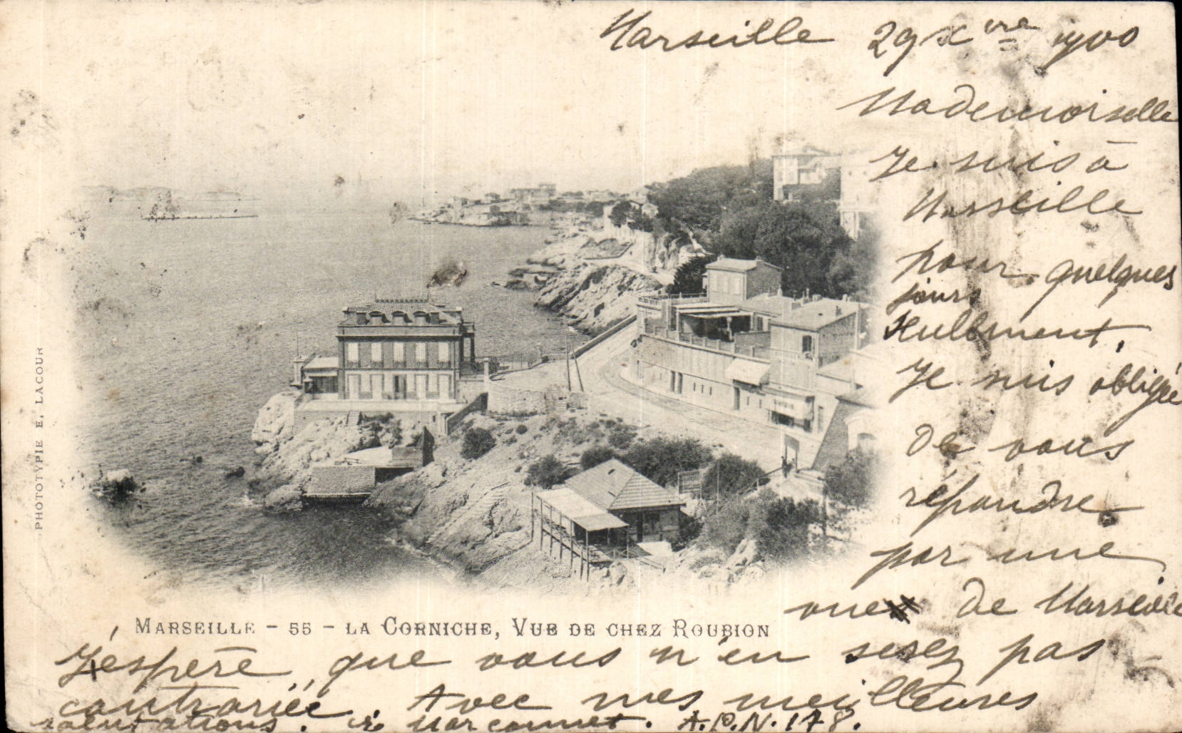 Marseille - 55 - La Corniche, Vue de chez Roubion — Éditeur E. Lacour