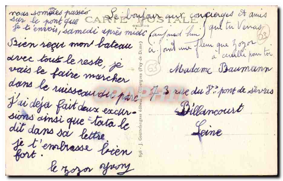 La Bourboule — Le grand Pont sur la Dordogne — J. Gouttefanges éditeur — Verso