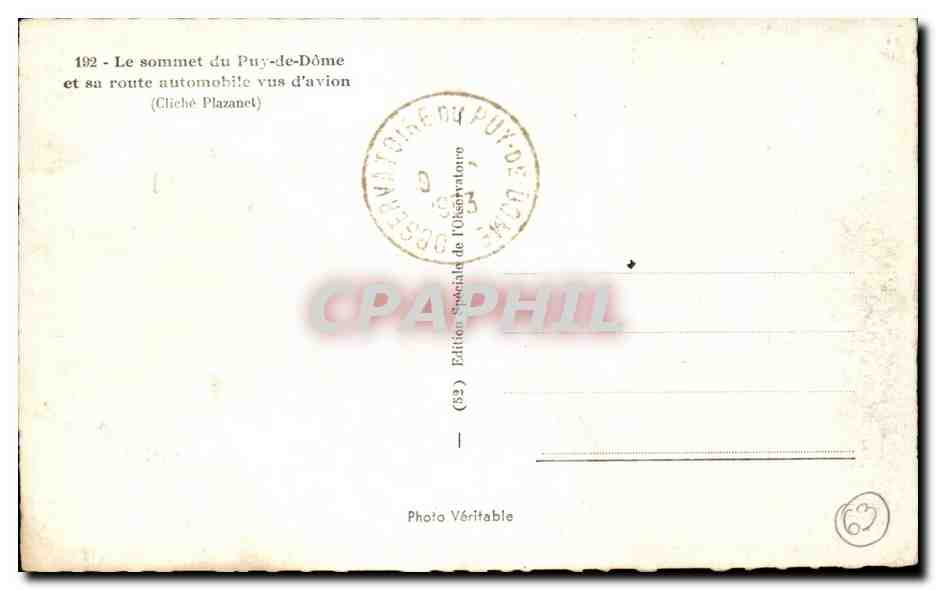 Le sommet du Puy-de-Dôme — vue aérienne avec route automobile — Édition Spéciale de l'Observatoire (52) — Rückseite