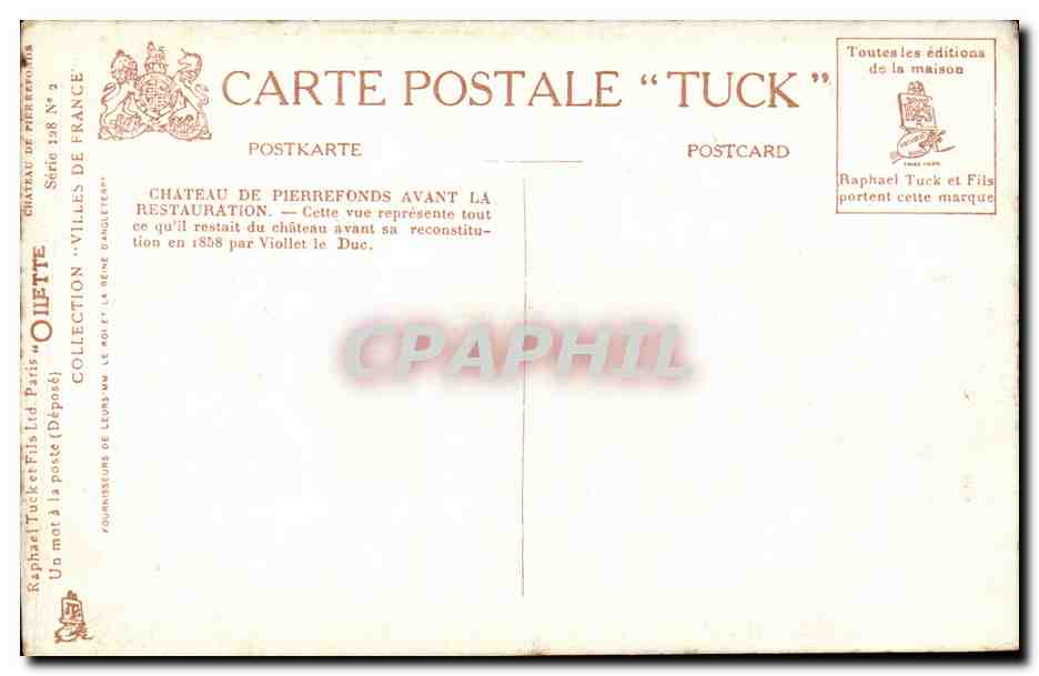 Château de Pierrefonds — avant la restauration — Cillette, série Tuck N°2 — Rückseite