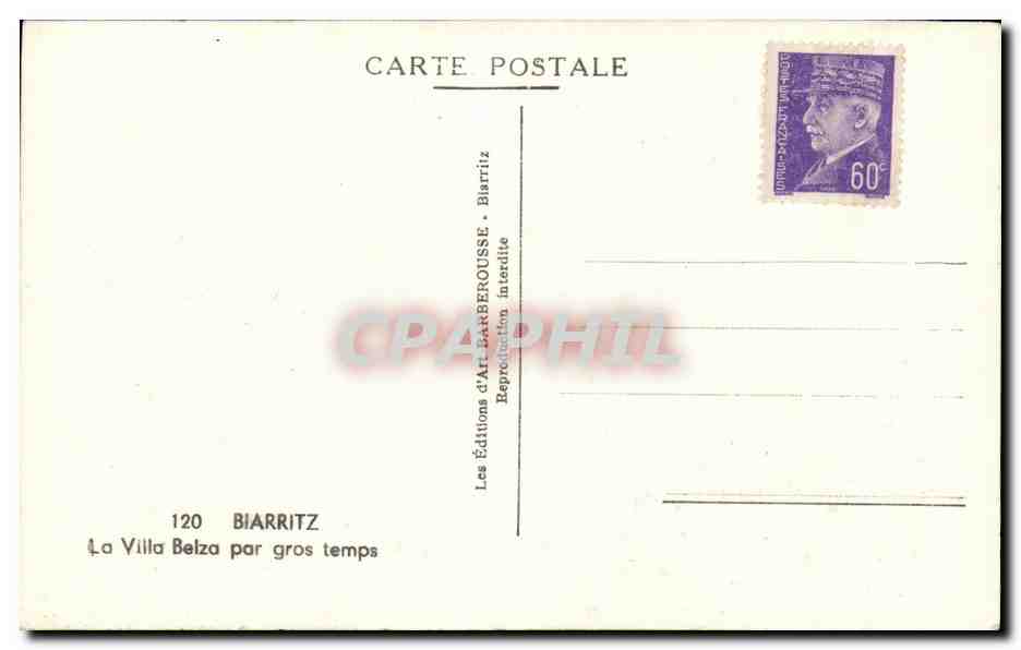 La Villa Belza à Biarritz — par gros temps — Éditions d'Art Barbérousse, n°120 — Verso