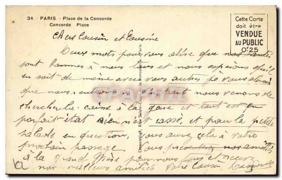 CPA Paris Place de la Concorde — Verso