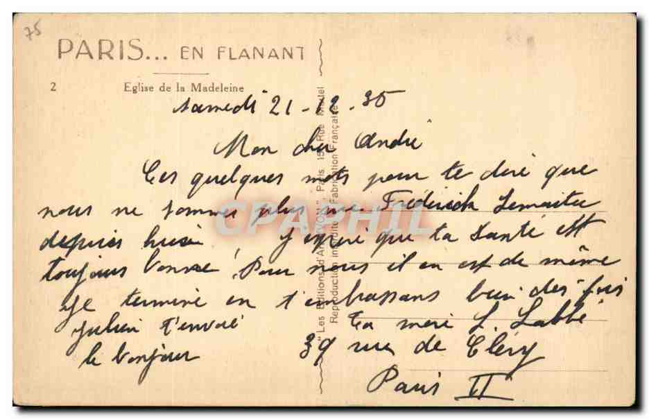 CPA Paris Eglise de la Madeleine  — Verso