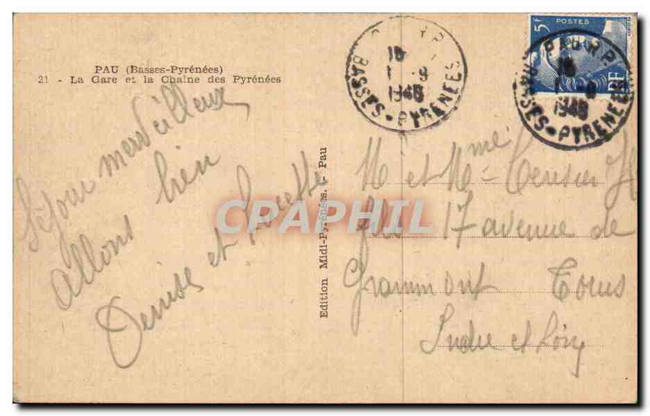 CPA Pau La gare et la chaine des Pyrenees — Verso