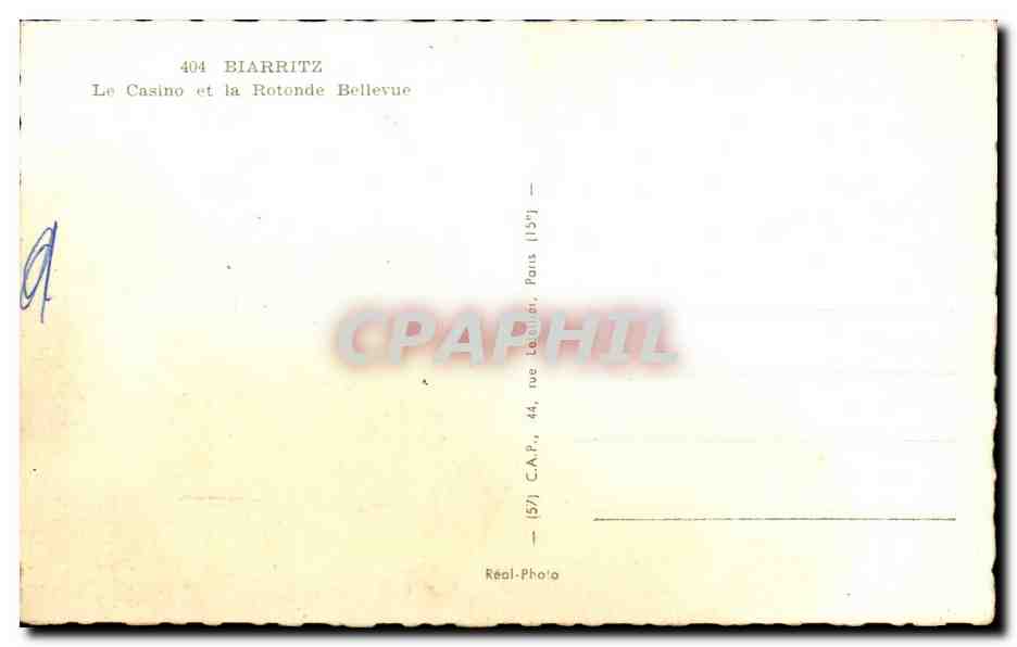 CPA Biarritz Le casino et la rotonde Bellevue — Verso