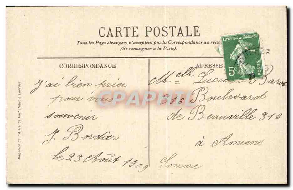 CPA Notre Dame de Lourdes — Verso