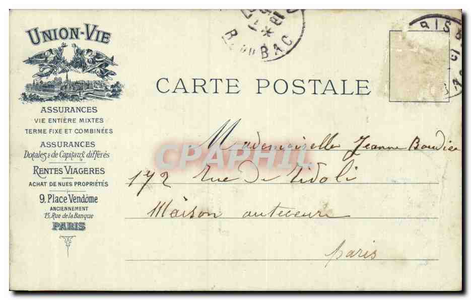 CPA Paris Publicite Union Vie Place Vendome Assurance — Rückseite