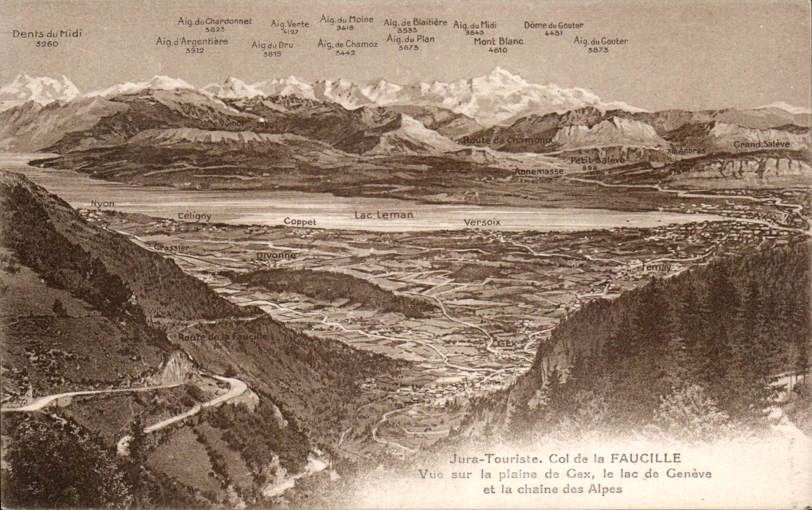 Vue sur la plaine de Gex, le lac de Genève et la chaîne des Alpes — Jura-Touriste, Col de la FAUCILLE